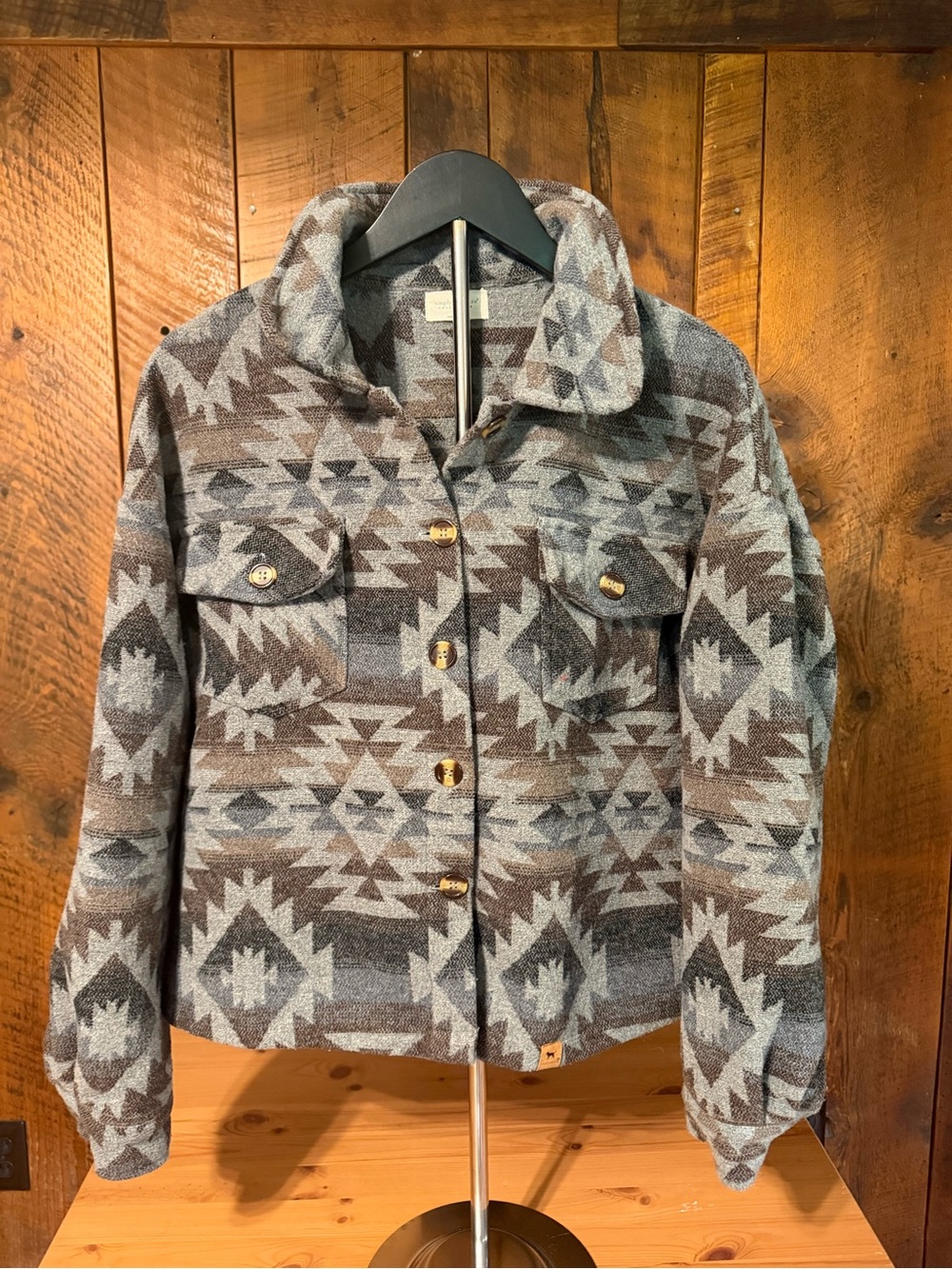 Simply Southern Gray South Western Aztec Crop Shacket Cowgirl Cabincore Jacket L